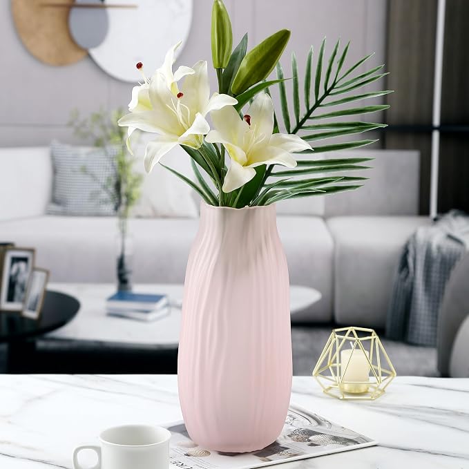 Large Ribbed Glass Vase 12in Frosted Pink Elegant Decorative Vases for Home Flowers Arrangements, Centerpieces, and Modern Décor