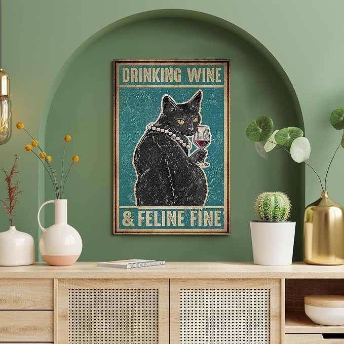 DIHSIEG Funny Cat Wine Wall Art, Drinking Humor Canvas Print 12x16Inch | Unframed Modern Kitchen Print Poster Decor Vintage Animal Wall Art for Bar, Dining Room, Wine Room & Home, Unique Funny Gift