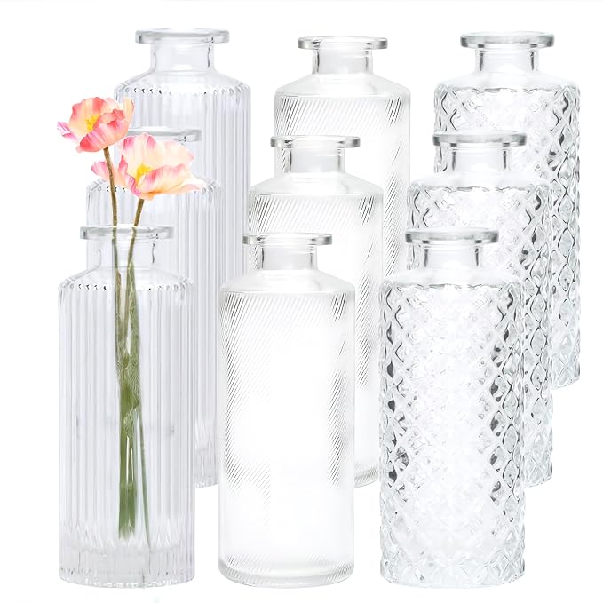 Glass Bud Vase Set in Bulk, 9pcs Mini Vintage Flower Vases for Wedding, Clear Relief Vase for Centerpieces,Home Table Flower Decor, Party Decorations | Small Vases for Wedding, Clear Relief Vase for Centerpieces,Home Table Flower Decor, Party Decorations