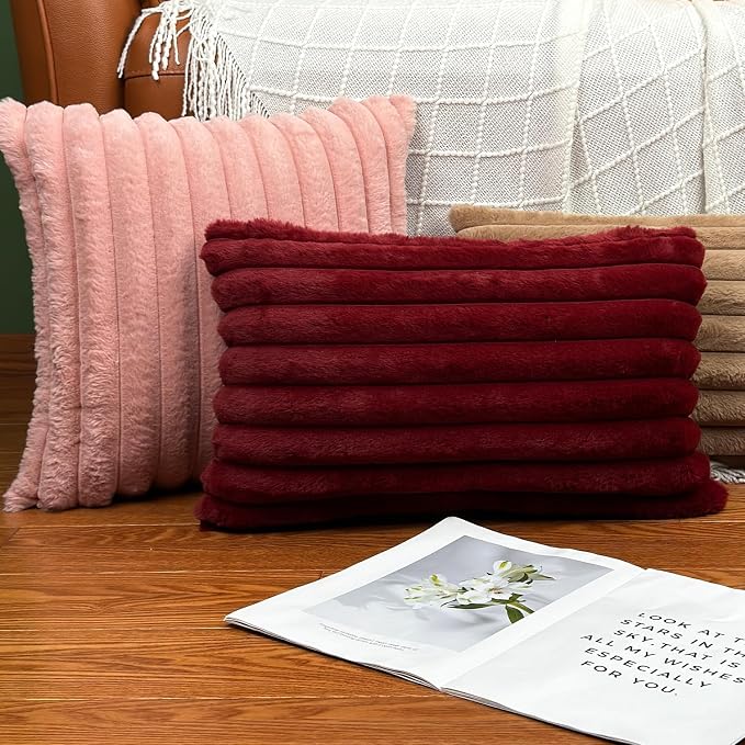 COTEY 24x24 Decorative Faux Fur Throw Pillow Covers Set of 2- Pink