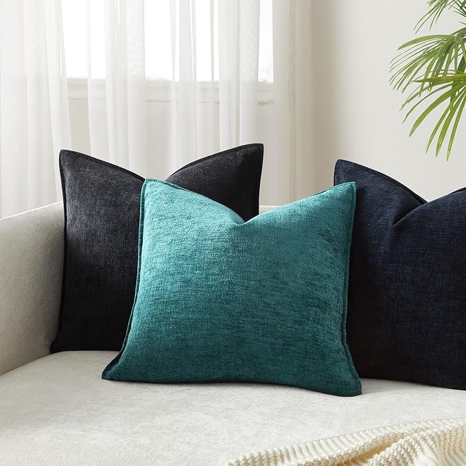 JUSPURBET 24x24 Chenille Decorative Throw Pillow Covers Set of 2,Turquoise | Cozy Soft Cushion Covers Case with Hidden Zipper for Couch Sofa Bed Home Decor Living Room