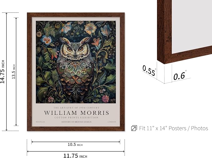 Poster Master William Morris Poster - Owl Print - Bird Art - Botanical Art - Flower Design - Exhibition Artwork - Animal Illustration - Floral Illustration - Aesthetic Design - Office or Bedroom Decor - 11x14 Brown Framed