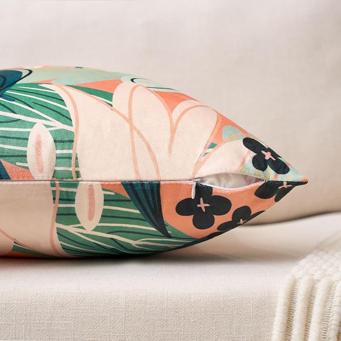 Tyrot Boho Floral Velvet Throw Pillow Covers 16x16 Inch Set of 2 Farmhouse Cushion Covers Mid Century Modern Botanical Home Decor Accent Pillow Cases for Couch Bed Sofa Living Room, Bedroom, Coral