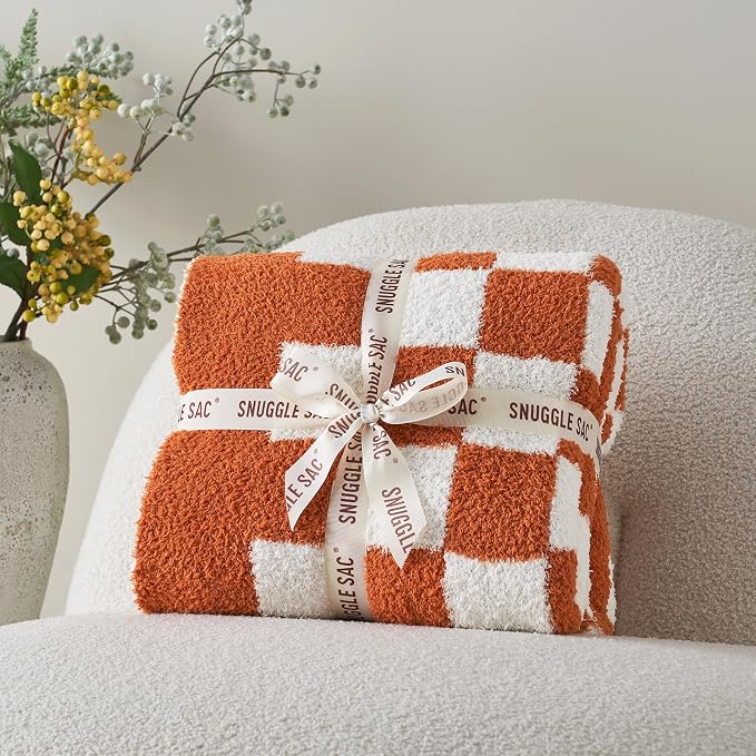 Snuggle Sac Checkered Bedding Blanket Twin Size 60x80, Super Soft, Cozy Warm Knit Blankets, Reversible Breathable Lightweight Fluffy Throws for Travel, Bed, Checkered Burnt Orange, 60x80 Inches