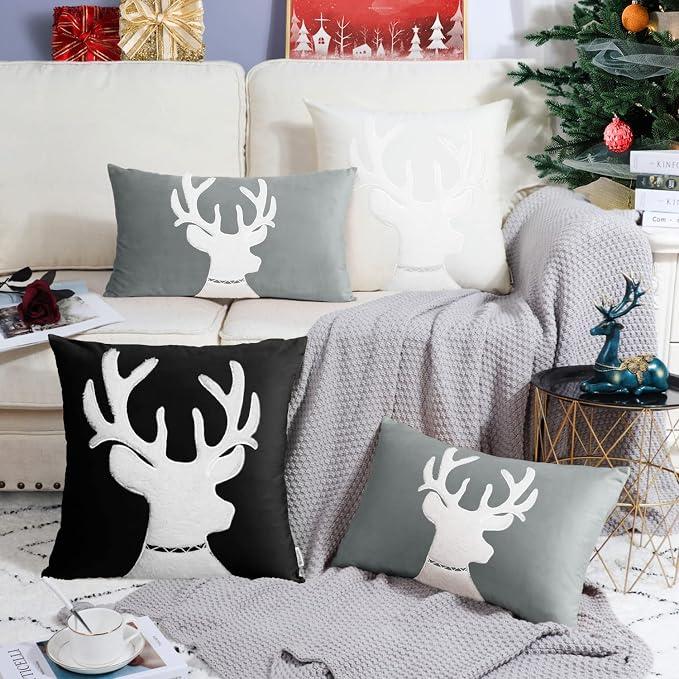 BRAWARM Christmas Pillow Cover 12 X 20 Inches, Black Reindeer Embroidered Lumbar Pillow Cover, Soft Velvet Decorative Throw Pillow for Couch Bed Sofa Living Room Home