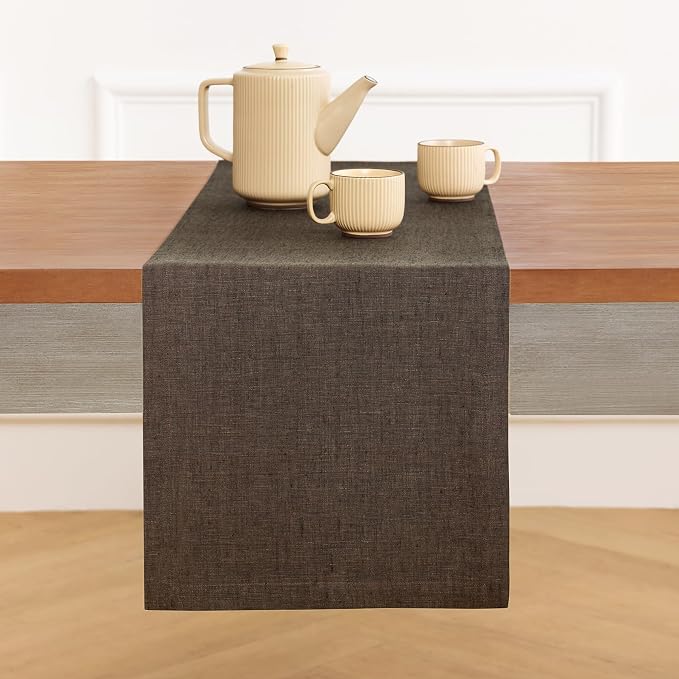 Solino Home 100% Pure Linen Table Runner Brown Woven, Athena 14 x 72 in | a graceful centrepiece for dining and gatherings, European flax fibres, mellows with every wash, soft, OEKO-TEX Certified