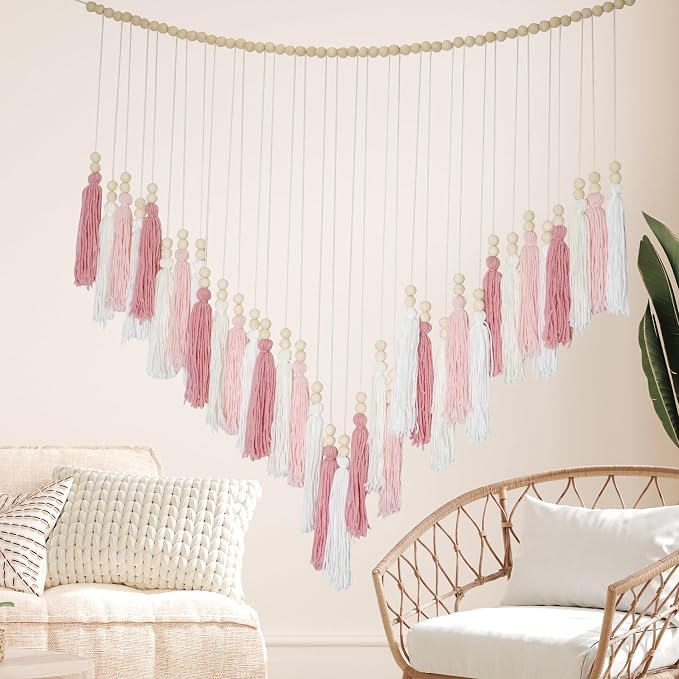 Pink&White Large Macrame Wall Haning Boho Decor,Blush Pink Tassel Wall Decor Bohemian, Pink Bedroom Living Room Girls Room Décor Nursery Dorm Decoration Boho Gift for Girls Woman Gifts