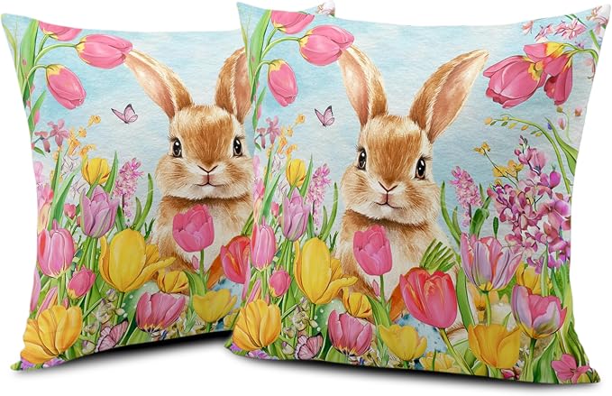 Easter Bunny Pillow Covers 18x18 Set of 2 Lovely Rabbit with Tulip Throw Pillow Covers Spring Pillow Case Floral Cotton Blend Cushion Case for Easter Decor Sofa Patio Garden