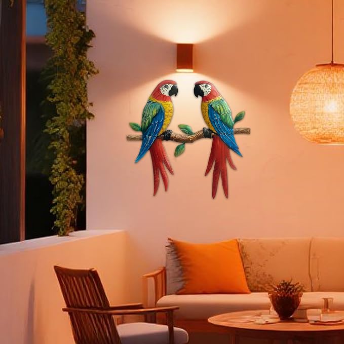 Limygus Tropical Colorful Double Parrot Metal Wall Hanging Decor for Outdoor Patio Yard Indoor Bedroom Balcony