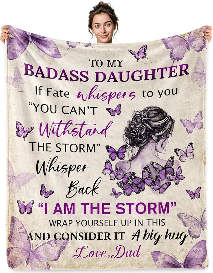Jekeno Daughter Gifts Blanket from Dad Storm Quote Purple Butterfly Blanket | 50x60 Inch Flannel Daughter Blanket Gifts For Christmas Birthday Graduation Women Girls Daughter