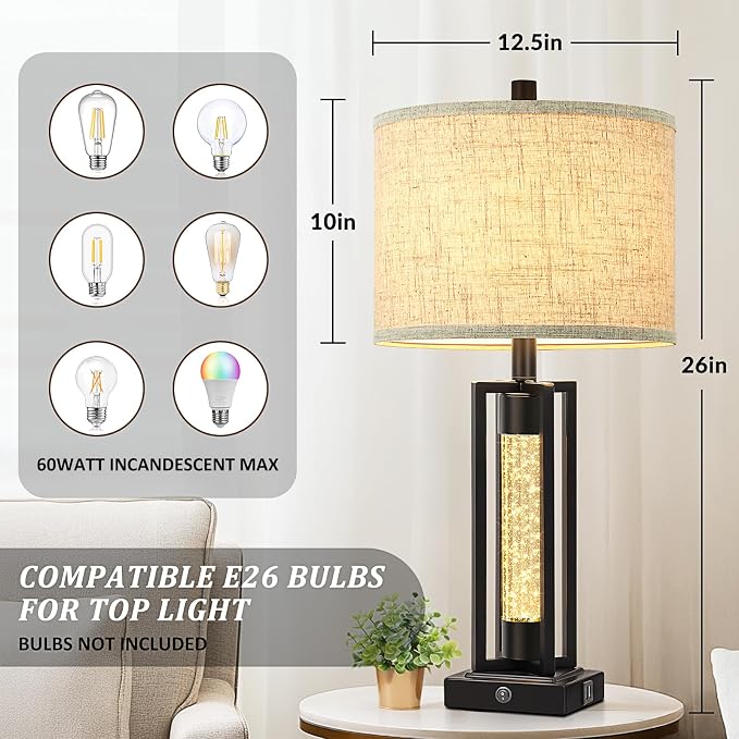 TOBUSA 26" Black Farmhouse Table Lamps Set of 2 with Crystal Night Light