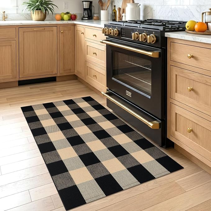 KOZYFLY Buffalo Plaid Area Rugs 2.3x3.6 Ft Front Door Mat, Brown and Black | Washable Front Door Rug, Woven Cotton Outdoor Rug, Indoor Small Rug for Front Porch Kitchen Entryway, Checkered Welcome Mat