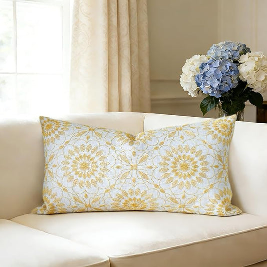 Slow Cow Linen Embroidery Lumbar Throw Pillow Cover Cushion Cover Floral Pattern Rectangular Pillowcase for Couch Bedroom 12 x 20 Inches Yellow Gold