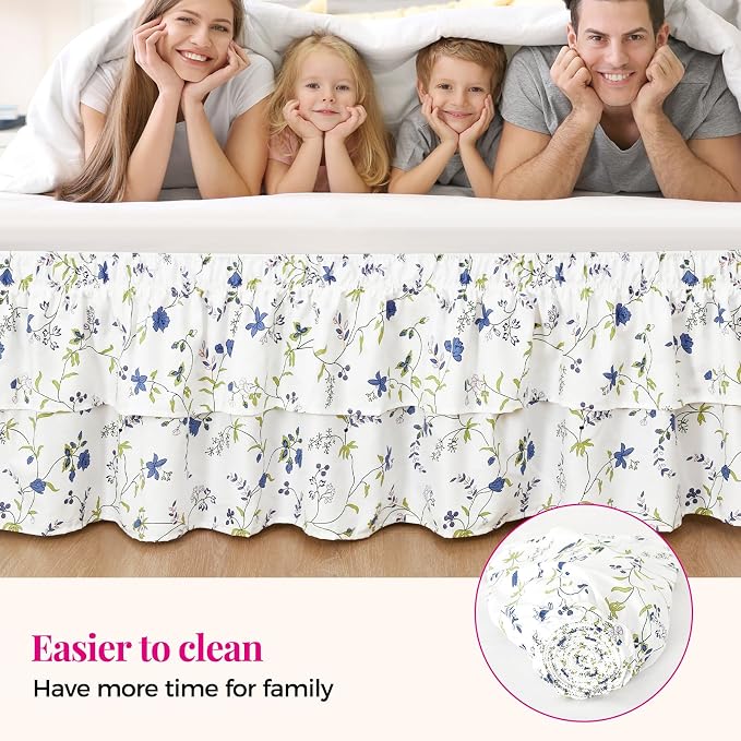 RIMELA Ruffle Bed Skirt Blue Berry Floral Queen 15 Inch Drop, Elastic Wrap Around Bed Skirting Queen Size, Easy to Install Dust Ruffle, Machine Washable Soft Fabric, Multi Ruffle Bedskirt