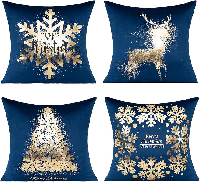 All Smiles Navy Bule Gold Christmas Decorations Throw Pillow Covers Cases 18X18 Set of 4 Winter Xmas Indoor Home Holiday Décor Ornaments Velvet Navidad Cushion for Sofa Tree Snowflake Reindeer