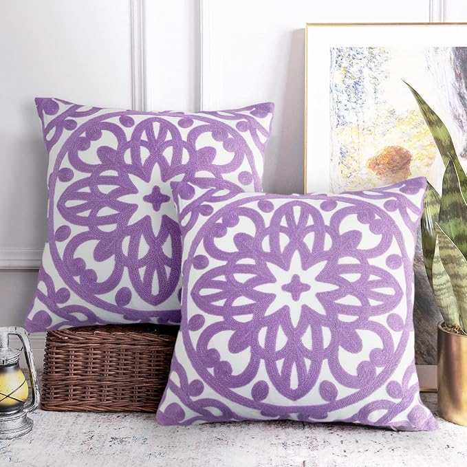 Alysheer Embroidered Decorative Throw Pillow Covers 18"x18" Set of 2 Pieces, Cozy Boho Mandala Knit Pattern, 100% Cotton Canvas Light Purple Cushion Cases for Sofa Couch Living Room (Lilac Lavender)