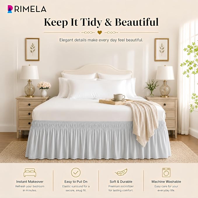 Ice Grey Bed Skirt King Size 15" Drop, Elastic Wrap Around Bedskirt | Solid Ruffled, Easy to Use, No Mattress Lifting, Wrinkle & Fade Resistant, with Adhesive Strips, Machine Wash/Dry/Iron
