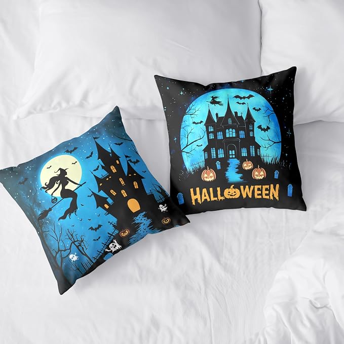 Halloween Pillow Covers 16x16 Set of 2 Witch Castle Throw Pillow Covers Horror Full Moon Night Pillow Case Bat Ghost Pumpkin Cushion Case for Holiday Party Home Decor Couch Sofa