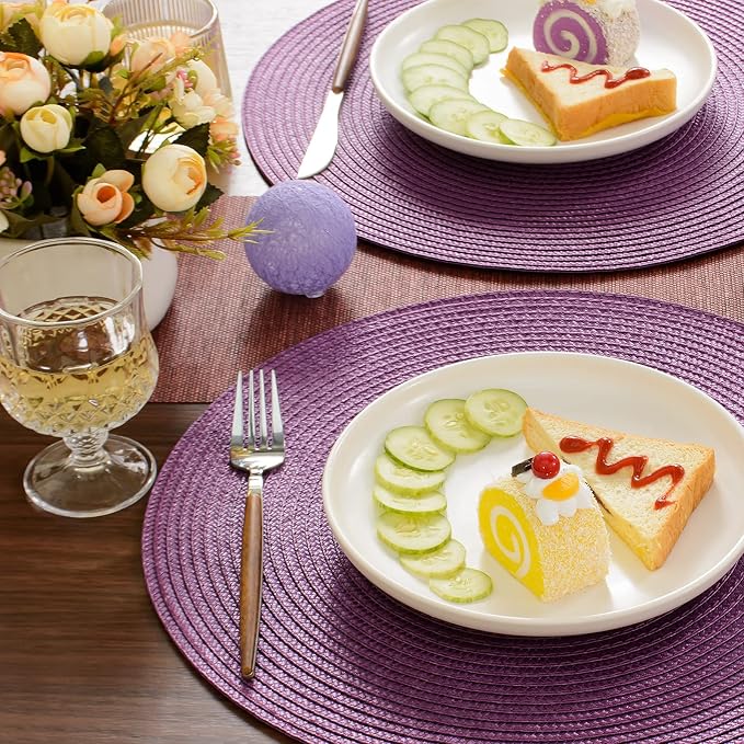 FunWheat Round Braided Placemats Set of 6 Table Mats for Dining Tables Woven Washable Non-Slip Place mats 15 inch(Purple, 6pcs)