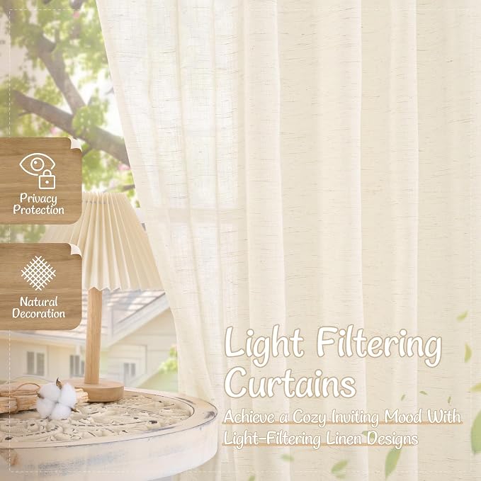 Beige Sheer Linen Cafe Curtains 30 Inch Length 2 Panels for Windows | Light Filtering, Small Window Panels, Short, Curtains for Kitchen, Bathroom, Basement, Back Tab Rod Pocket, 34 x 30 Inch