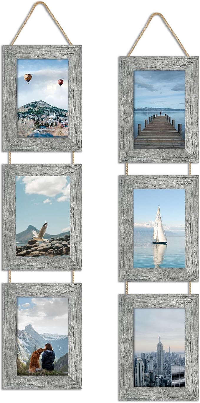4x6 Collage Picture Frames Set of 2, Rustic Gray Wooden Real Glass Vertical Hanging 3 Opening 4 by 6 Photo Frame, Grey