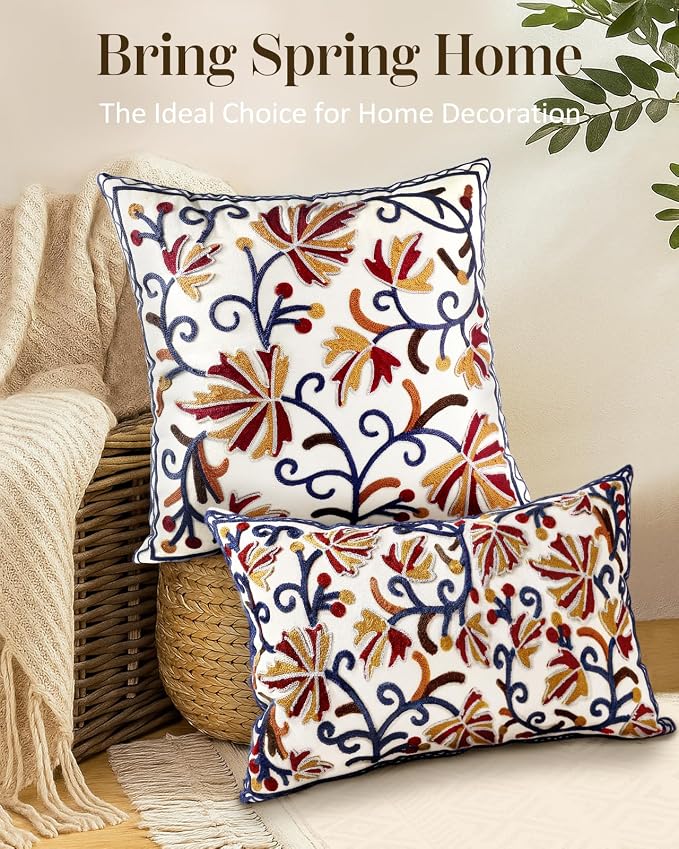 Embroidered Lumbar Pillow Cover - 20x12 Decorative Pillow Cover with Zipper Aesthetic Cute Design Boho Spring Summer Throw Pillowcase for Living Room Couch Sofa Bed, Fall Flower