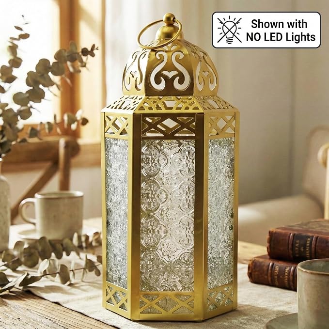 Vela Lanterns Decorative Indoor Fairy Light Ramadan Candle Holder, Gold, L | Turkish & Moroccan Decor, Eid Mubarak Decorations, Wedding Table Centerpieces, Metal Hanging Lamp, Porch Patio, 12" Tall