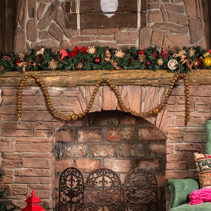 12 Feet Summer Christmas Wooden Beads Garland Round Craft Farmhouse Vintage Christmas in July Wood Bead Garlands for Xmas Supplies(Coffee)