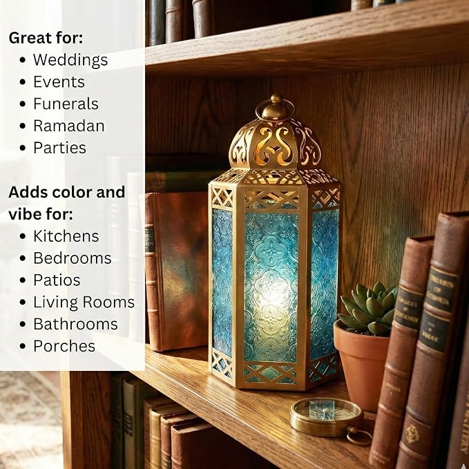 Vela Lanterns 12" Metal Moroccan Decorative Candle Lantern Holders for Hanging or Table, Indoor Home Decor, Outdoor Patio or Porch, Weddings, Gold, Blue Glass, Large