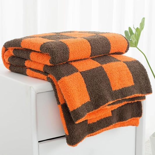 Carriediosa Checkered Throw Blanket 50x60, 400GSM Ultra Soft Microfiber | Orange, Fuzzy Fluffy Cozy Plush Knit Knitted Plaid Checker, Lightweight Cute Preppy Fall Blankets & Throws for Couch, Bed