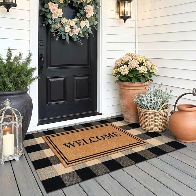 KOZYFLY Buffalo Plaid Area Rugs 2.3x3.6 Ft Front Door Mat, Brown and Black | Washable Front Door Rug, Woven Cotton Outdoor Rug, Indoor Small Rug for Front Porch Kitchen Entryway, Checkered Welcome Mat