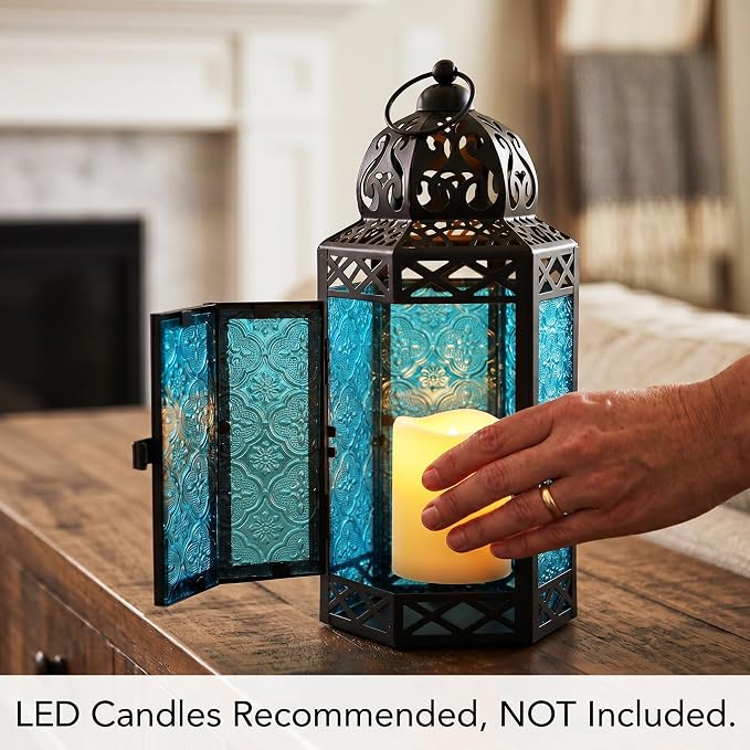 Vela Lanterns Decorative Indoor Candle Holder Table Centerpieces - Moroccan Hanging Outdoor Patio & Porch Home Decor, Turkish Lamp for Wedding, Ramadan (Large 12", Blue Glass)