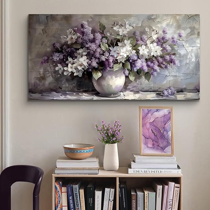 SERIMINO Large Still Life Wall Art, Purple Floral Canvas Painting 29"X57" | Extra Large Purple Floral Botanical Wall Decor, Living Room Kitchen Office Decor, Gallery Wrapped, Fade-resistant Inks