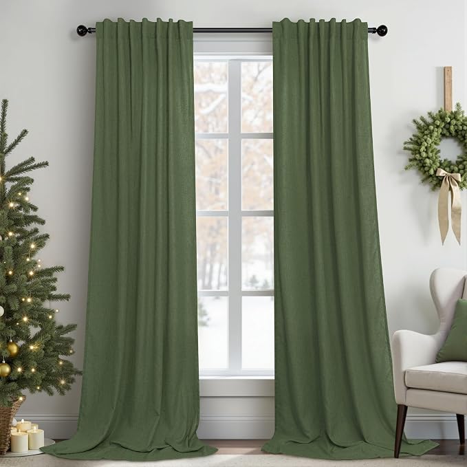 Pitalk Olive Green Curtains 90 Inch Length for Dining Room 2 Panel Set Back Tab Pocket Linen Sheer Boho Farmhouse Decoration Light Green Curtain for Boys Bedroom Baby Teen Toddler Playroom 7.5 FT Long