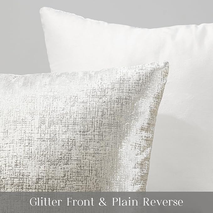 Phantoscope Pack of 2 Sparkling Velvet Decorative, Silver and White Decorative Velvet Pillow Cover, Solid Square Cushion Cover Pillowcase for Couch Bed and Chair, White, 12 x 20 inches, 30 x 50 cm