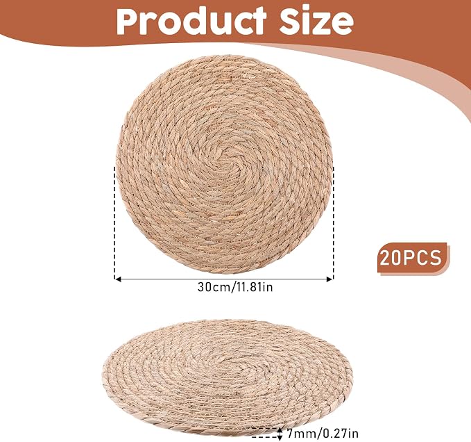 Round Woven Placemats Set of 20, 12" Brown Round Rattan Placemats Natural Water Hyacinth Place mats Farmhouse Boho Braided Placemat for Dining Table, Home, Wedding, Heat Resistant/Anti-Slip