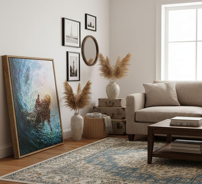 Framed Farm Jesus Christian Canvas Wall Art | Hand of God Reaching Into Water Picture Bible Christ Religion Wall Decor Poster Print for Living Room Bathroom Church Home