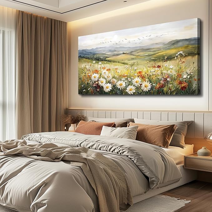 FUHAIHUA Canvas Wall Art For Living Room Large Framed Wall Decor For Office Modern Bedroom Decorations Prairie Flowers Landscape Pictures Farmhouse Paintings Artwork Aesthetic Home Decor 30" x 60"