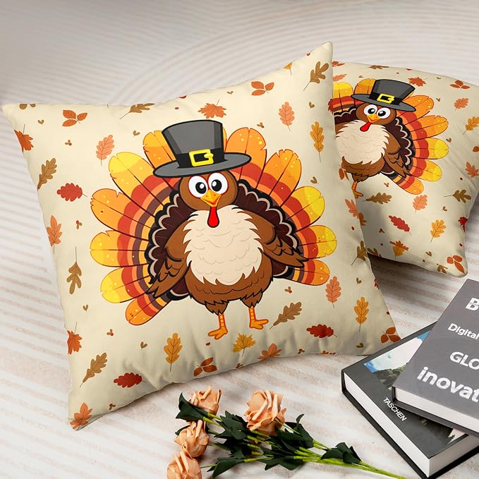 Set of 2 Thanksgiving Throw Pillow Covers Cute Cartoon Turkey Pillow Covers 22x22 Square Fall Leaves Pillow Case Cotton Blend Cushion Case for Living Room Couch Bedding