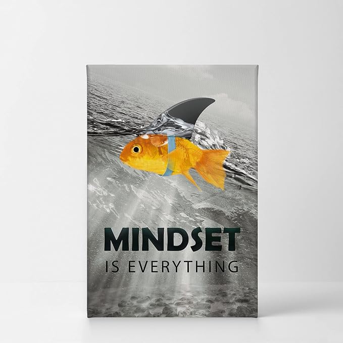 Smile Art Design Black and White Mindset is Everyting Orange Fish vs Shark Motivational Wall Art Canvas Print Inspirational Entrepreneur Quote Office Living Room Decor Gift Ready to Hang 12x8