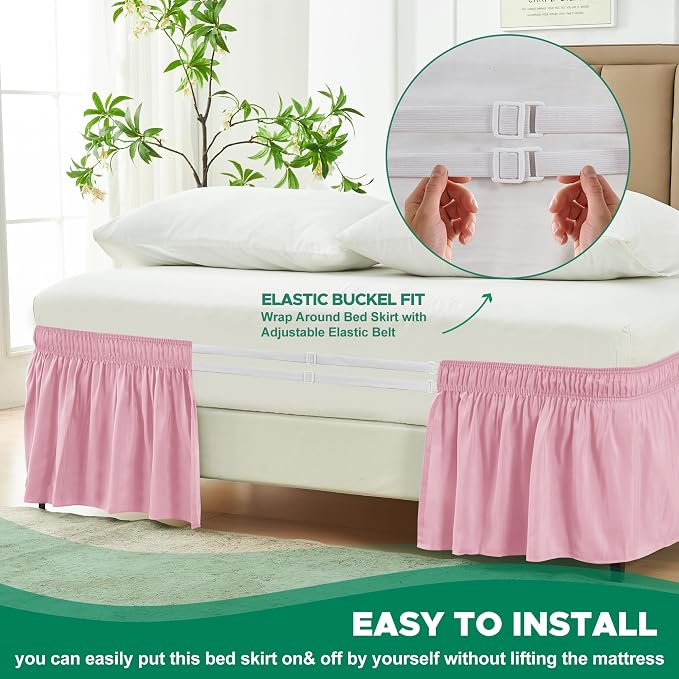 Wrap Around Queen Size Bed Skirt 15 Inch Drop-Elastic Dust Ruffle Pink | Adjustable Pleated Bedskirt-Easy Fit Wrinkle Resistant Washable Hotel Quality Fabric Bed Skirting-Master Guest Bedroom Rental