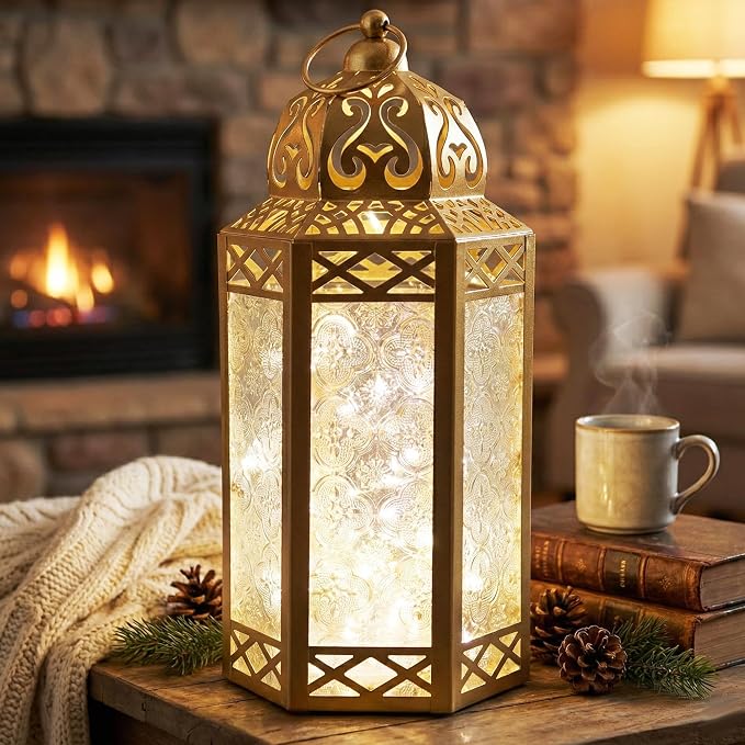 Vela Lanterns Decorative Indoor Fairy Light Ramadan Candle Holder, Gold, L | Turkish & Moroccan Decor, Eid Mubarak Decorations, Wedding Table Centerpieces, Metal Hanging Lamp, Porch Patio, 12" Tall