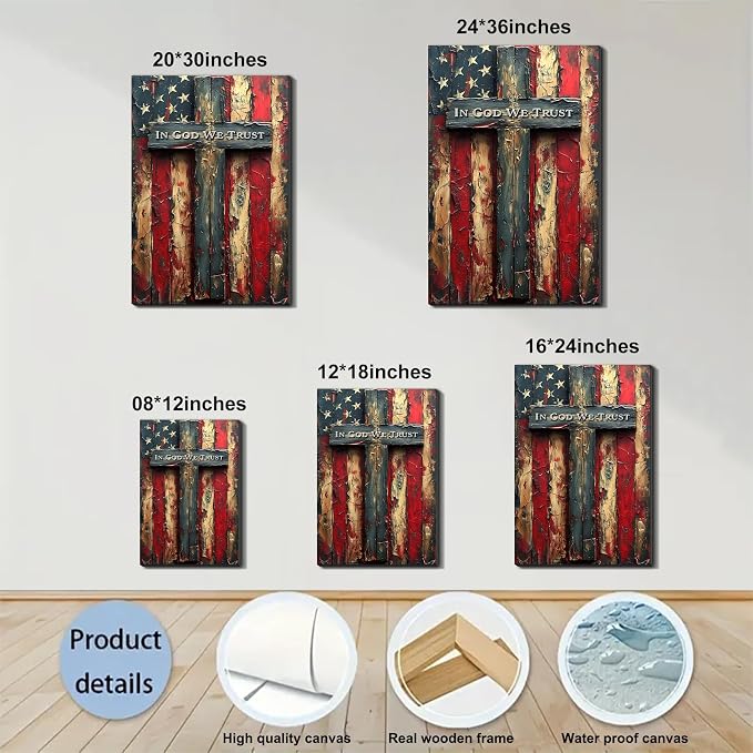 Framed Vintage Cross American Flag Wall Art, Patriotic Rustic Canvas Art Pictures, USA Flag Wall Decor, Made in USA Ready to Hang for Living Room Garage