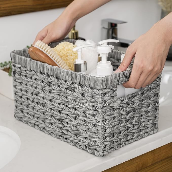 GRANNY SAYS Wicker Storage Baskets for Organizing, Basket Organizer, 2-Pack | Waterproof Wicker Baskets with Handles, Cabinet,Coffee Table,Gray Plastic Baskets for Shelves,Handwoven Bathroom Storage Bins