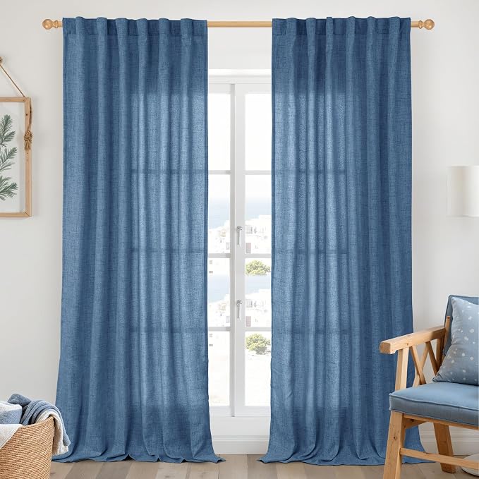 YoungsTex Navy Linen Curtains 90 Inch Length for Living Room, Dark Blue Semi Sheer Drapes with Rod Pocket Back Tab Light Filtering for Office Bedroom Windows, 2 Panels, 52 X 90 Inch