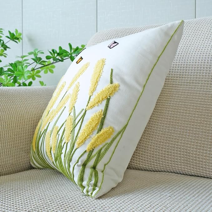 vctops Farmhouse Pampas Grass Cotton Tufted Throw Pillow Cover Boho Embroidery Pillowcase Soft Square Cushion Case for Sofa Couch Bed Chair (Yellow G,18"x18")