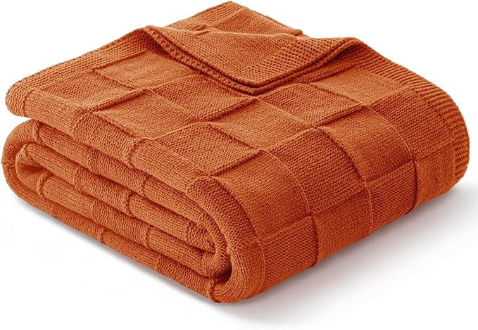 Whale Flotilla Checkered Knit Throw Blanket for Couch, Burnt Orange | Soft Decorative Knitted Blankets for Couch Sofa Bed, Lightweight Cozy Throws for Spring Summer, 60x80 Inch
