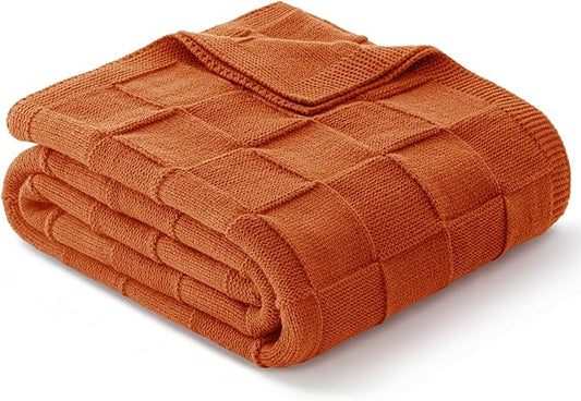 Whale Flotilla Checkered Knit Throw Blanket for Couch, Burnt Orange | Soft Decorative Knitted Blankets for Couch Sofa Bed, Lightweight Cozy Throws for Spring Summer, 60x80 Inch