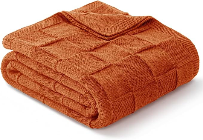 Whale Flotilla Checkered Knit Throw Blanket for Couch, Burnt Orange | Soft Decorative Knitted Blankets for Couch Sofa Bed, Lightweight Cozy Throws for Spring Summer, 50x60 Inch