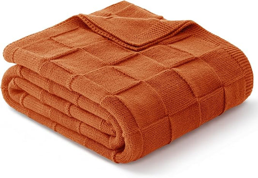 Whale Flotilla Checkered Knit Throw Blanket for Couch, Burnt Orange | Soft Decorative Knitted Blankets for Couch Sofa Bed, Lightweight Cozy Throws for Spring Summer, 50x60 Inch